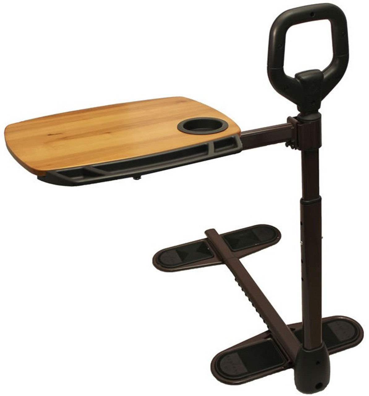 Stander bed rail and tray table with wood-finish surface, cup holder, grab handle, and adjustable floor stand base