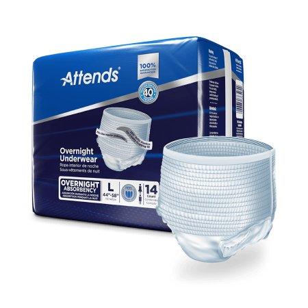 Attends Overnight Protective Underwear package in blue and white with a single pull-up garment displayed beside it, size