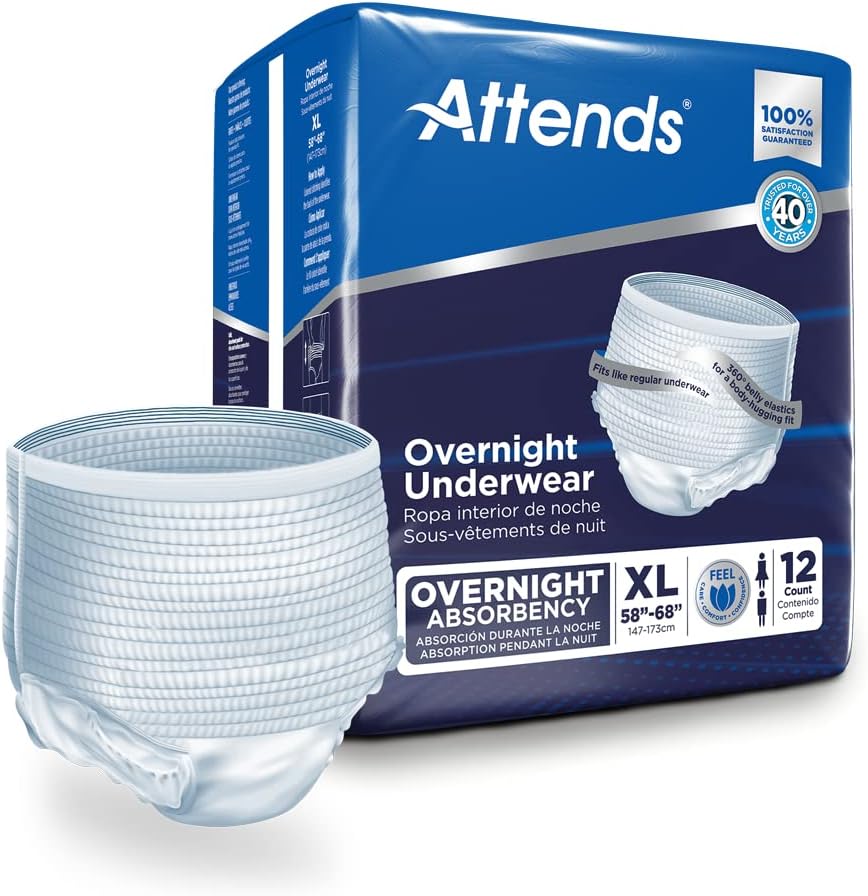 Attends Overnight Protective Underwear XL 12-count package in blue packaging with single pull-up underwear displayed in front