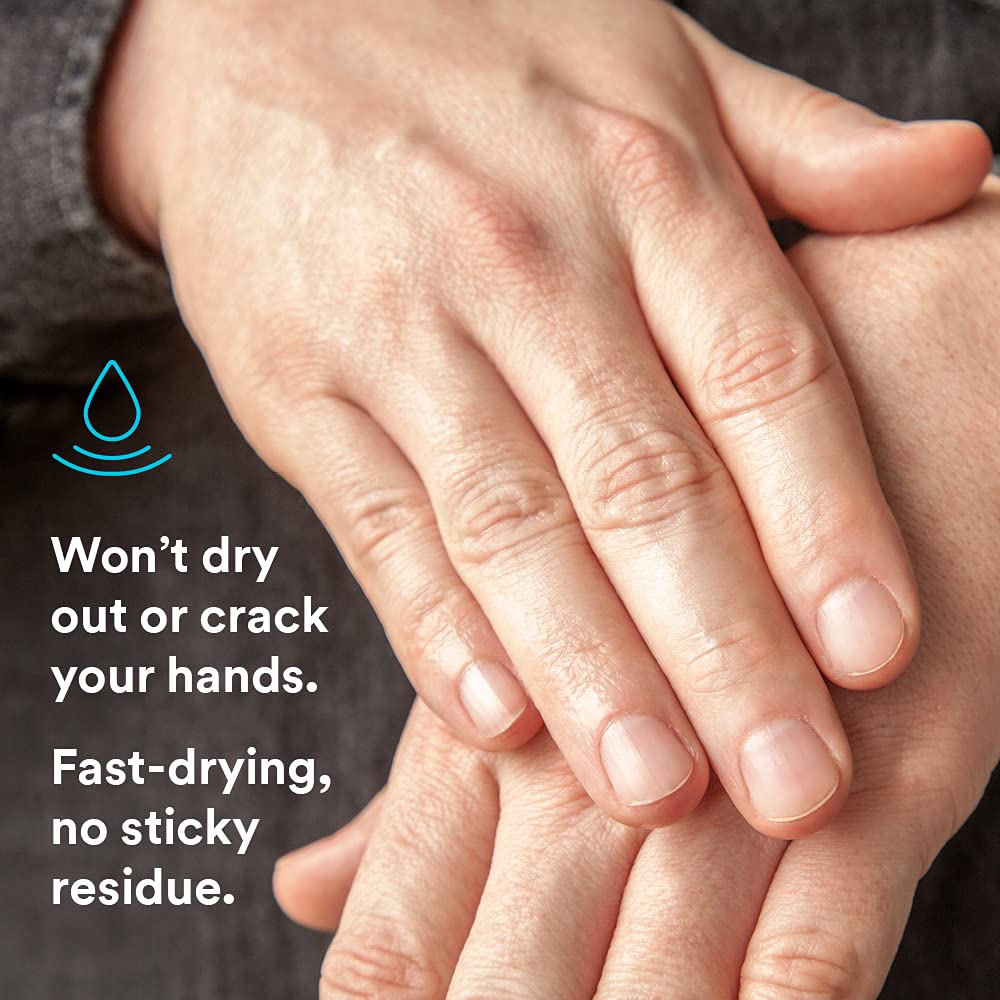 Hand sanitizer lifestyle shot showing two hands being rubbed together with text highlighting fast-drying, no sticky residue