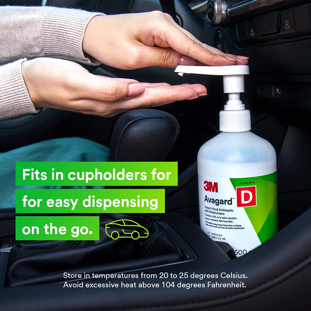 Hand sanitizer pump bottle in a car cupholder while a person dispenses gel into their palm
