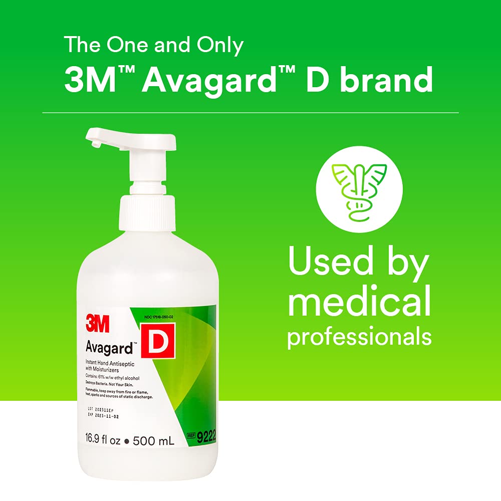 Hand antiseptic pump bottle, 3M Avagard D brand, 500mL white pump dispenser on green promotional background