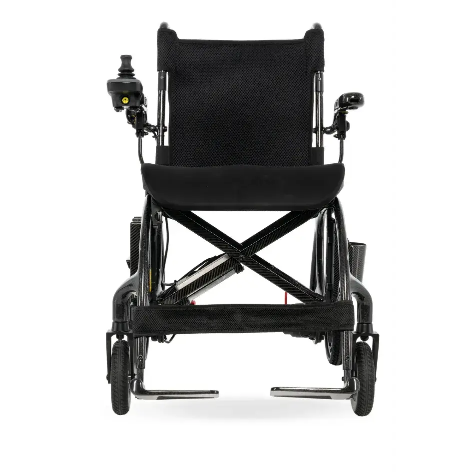 Power wheelchair with black mesh upholstery, joystick controller, folding carbon fiber frame, and swing-away footrests