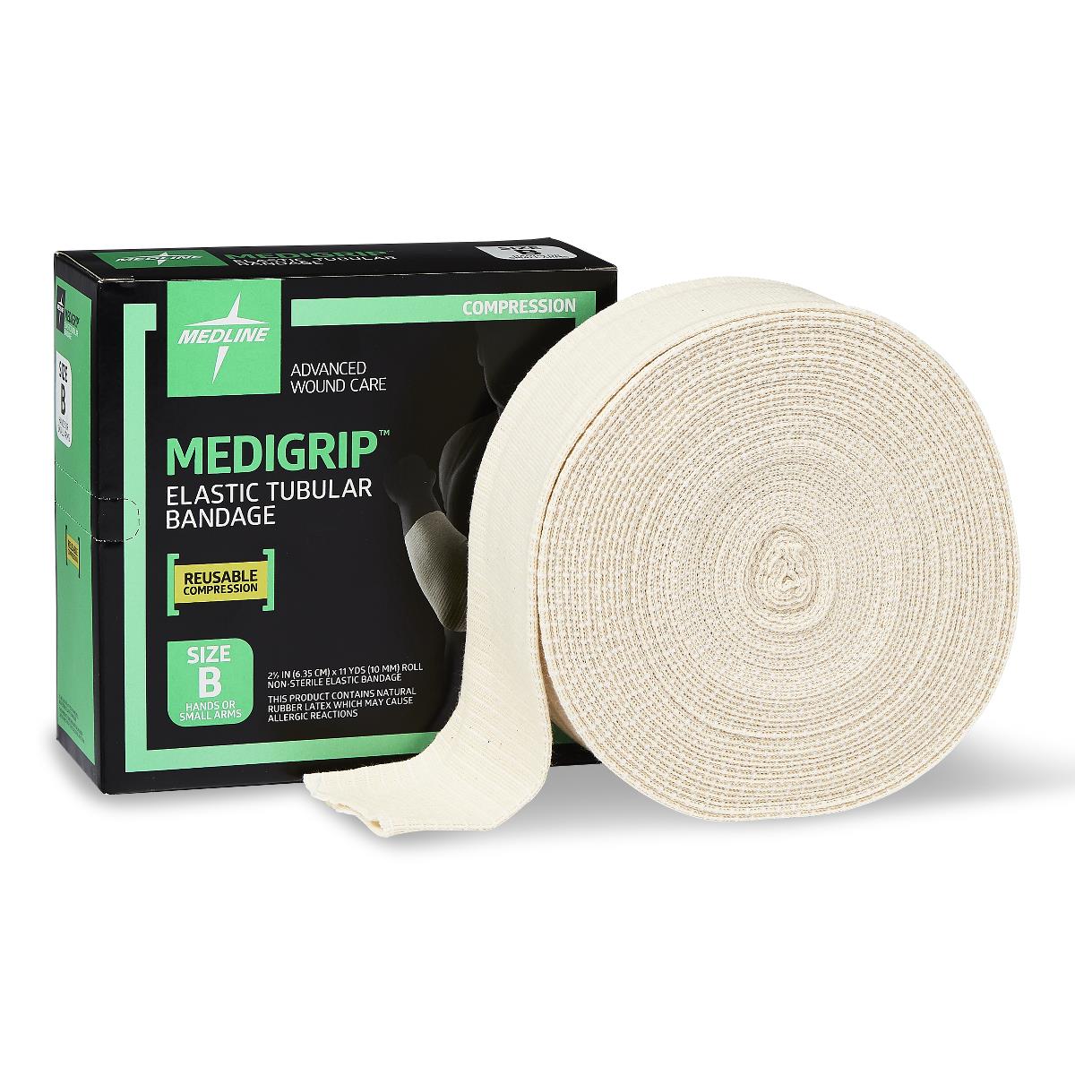 Elastic tubular bandage roll in cream fabric beside its black and green box, Size B for hands or small arms