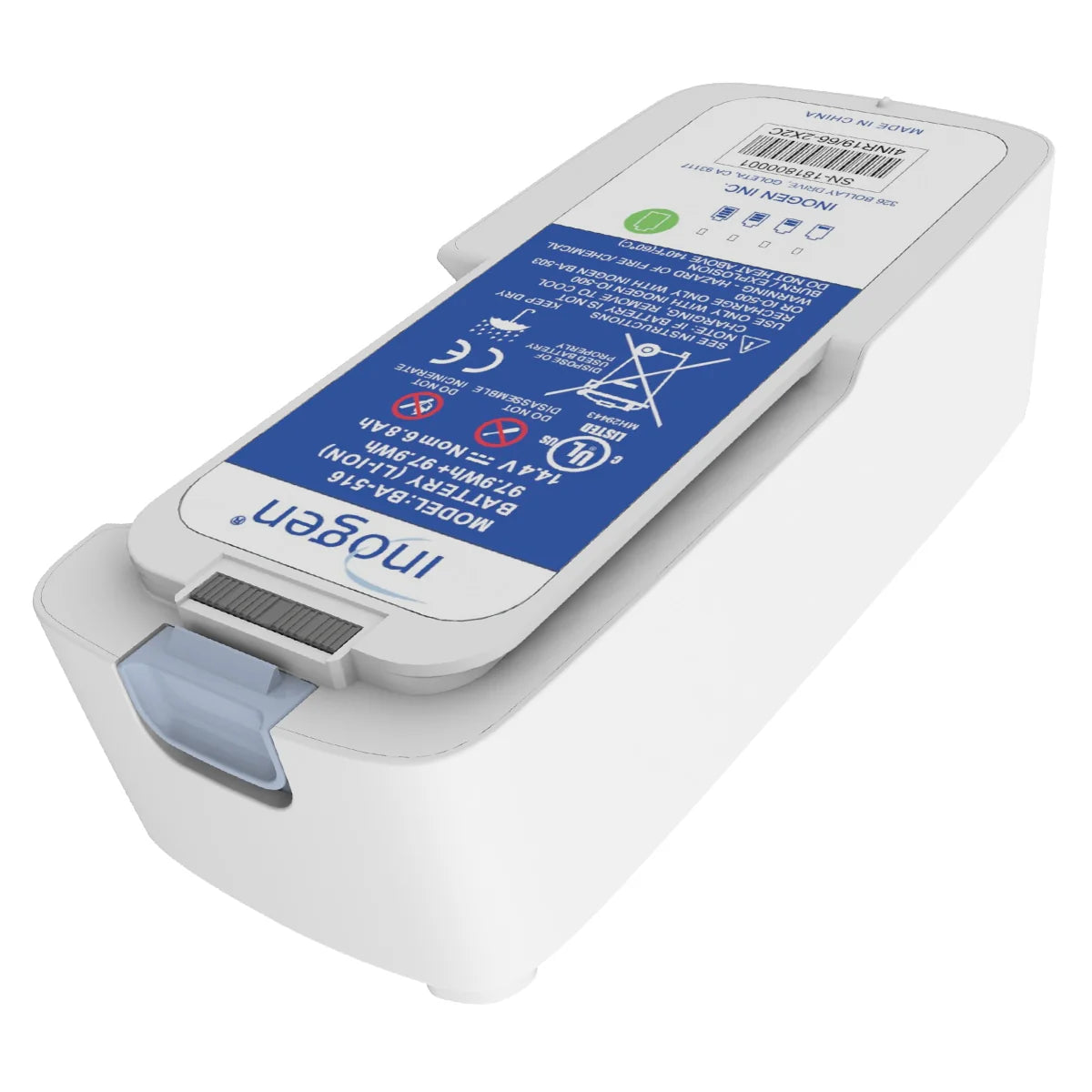 Inogen One G5 portable oxygen concentrator battery pack, white rectangular unit with blue label, model BA-516