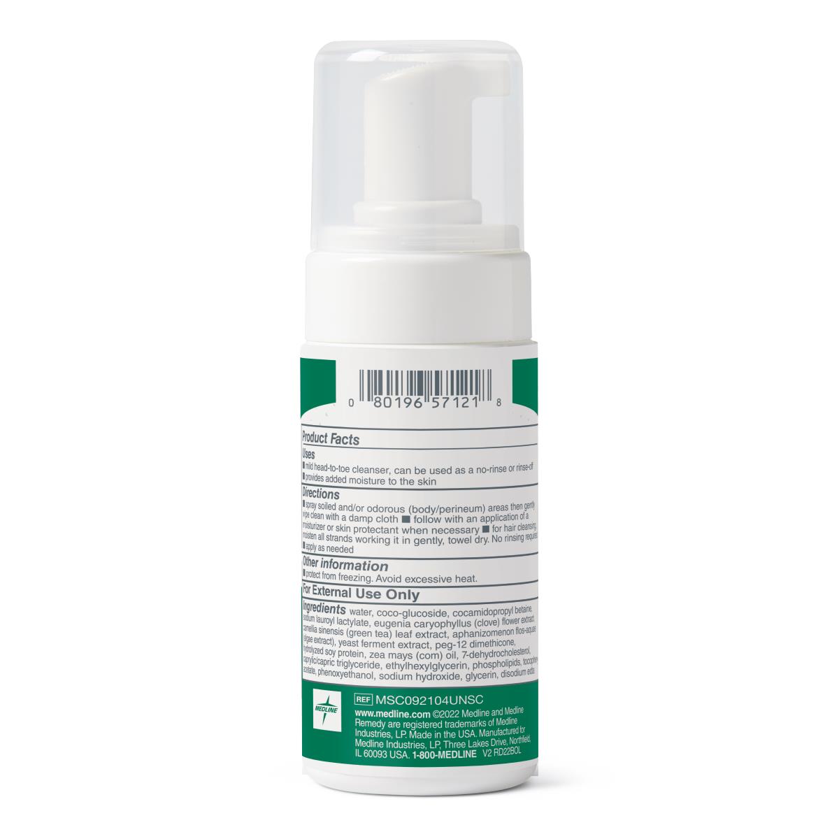 Foam cleanser pump bottle showing back label with ingredients, directions, and barcode on white background