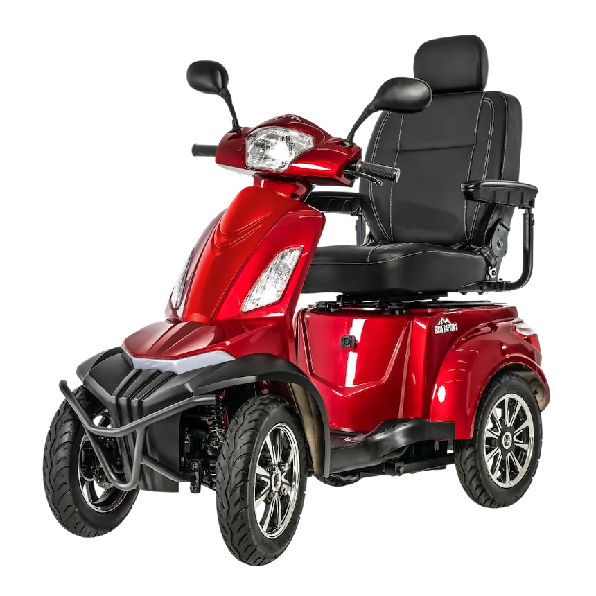 Pride Mobility Baja Raptor 2 four-wheel mobility scooter in red with black captain's seat, large tires, and front headlight