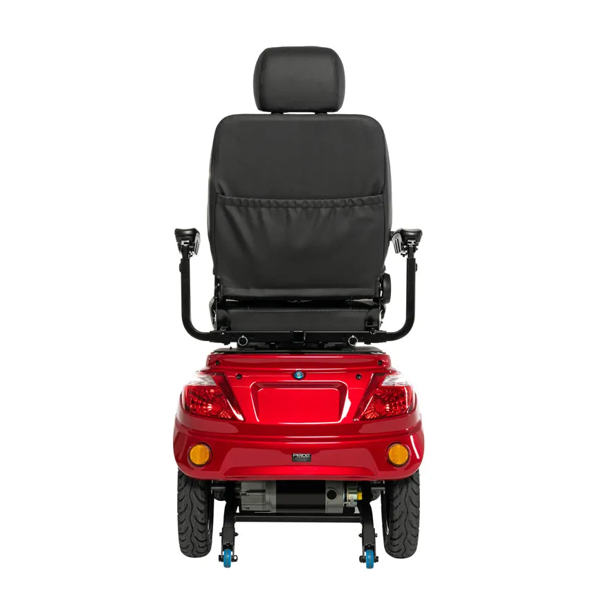 Power scooter in red with black high-back captain's seat, headrest, armrests, and rear taillights, viewed from behind