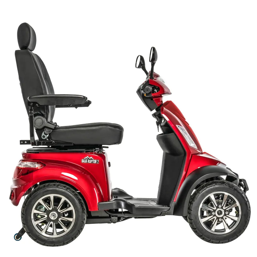 Pride Mobility Baja Raptor 2 four-wheel mobility scooter in red with black captain's seat, side view on white background