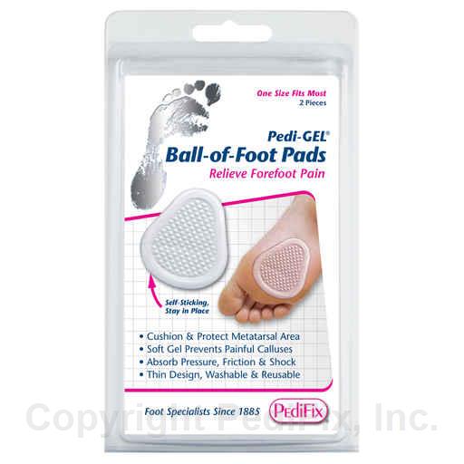 Ball-of-foot gel pads in retail packaging showing two clear cushioned inserts and diagram of pad placement on foot sole