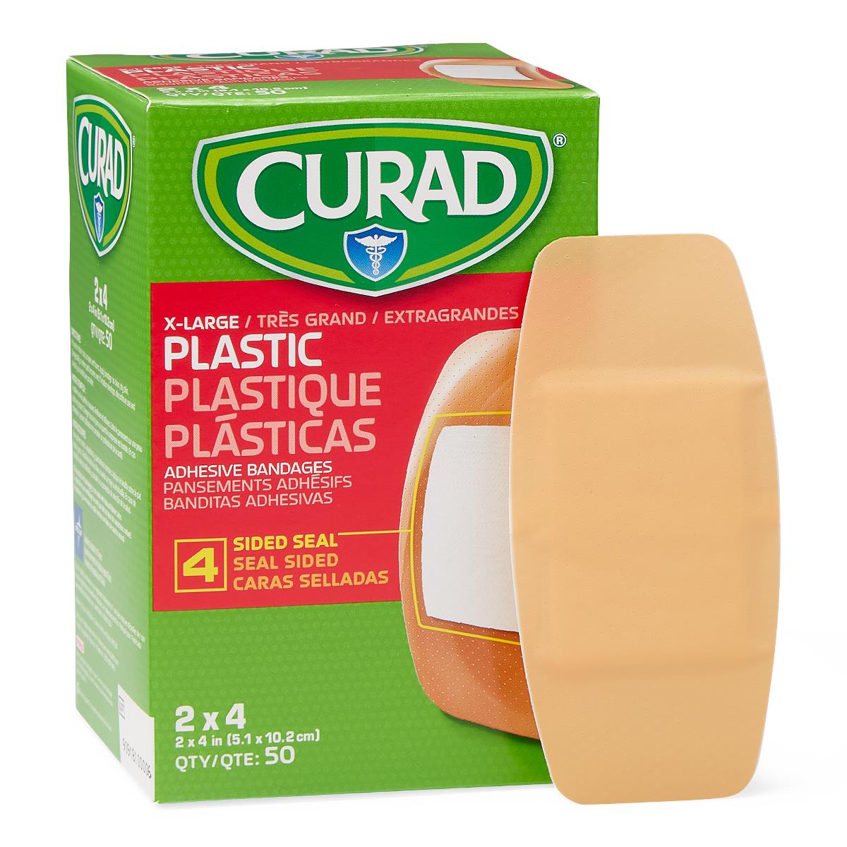 Curad x-large plastic adhesive bandage box of 50 with a single tan bandage displayed in front on white background