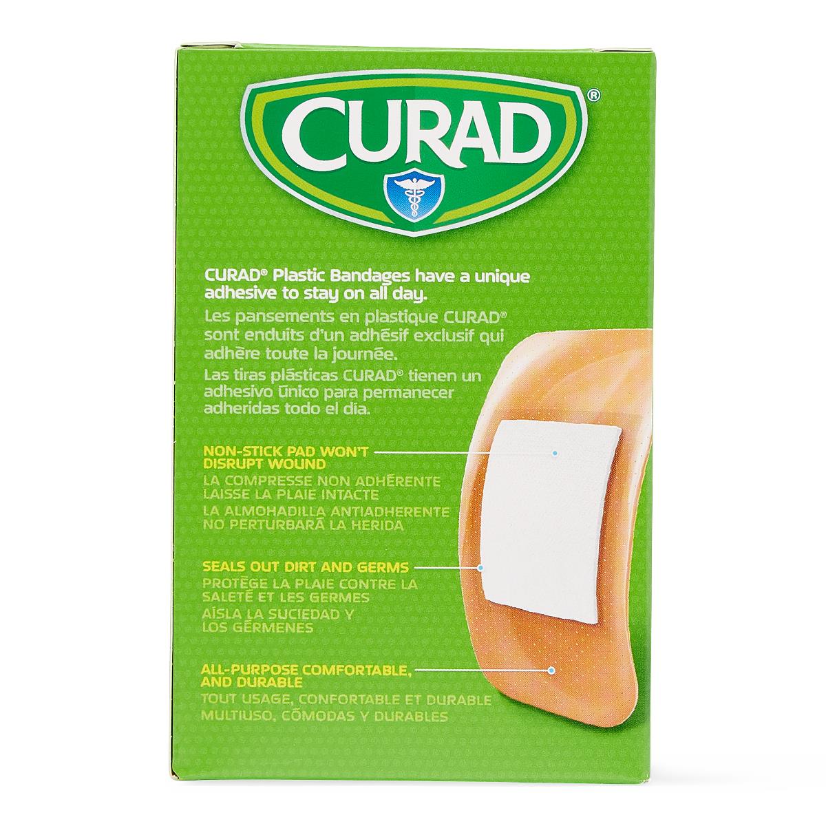 Curad plastic adhesive bandage box in green with bandage illustration and multilingual product feature text