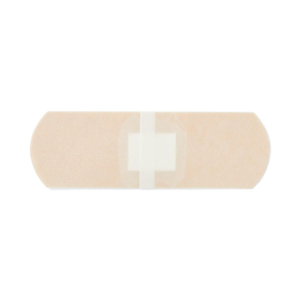 Adhesive bandage strip with a center absorbent pad in a tan skin-tone color, shown on white background