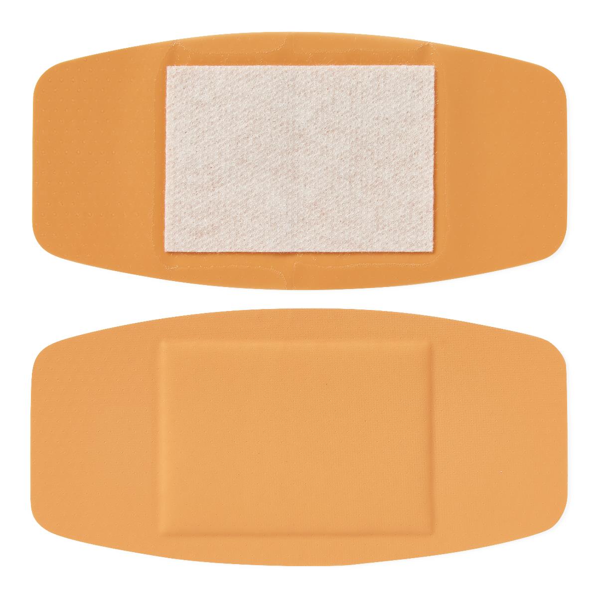 Adhesive bandage shown front and back, tan plastic with white absorbent pad center, extra-large size