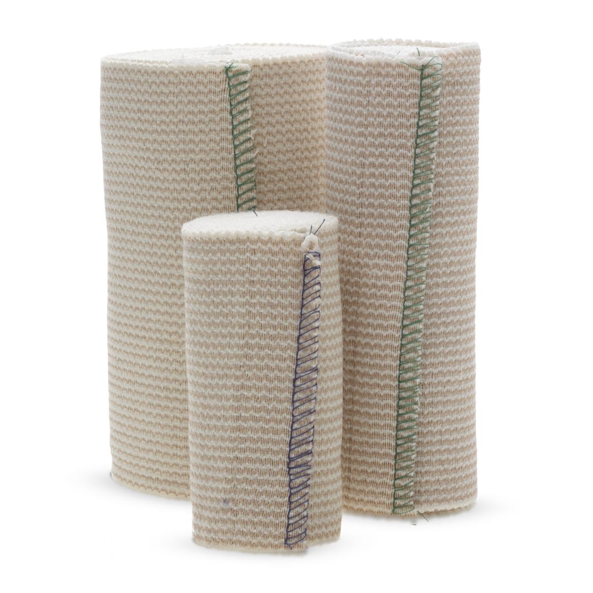 Elastic bandages in three widths rolled and standing upright, showing woven beige fabric with colored stitching edges