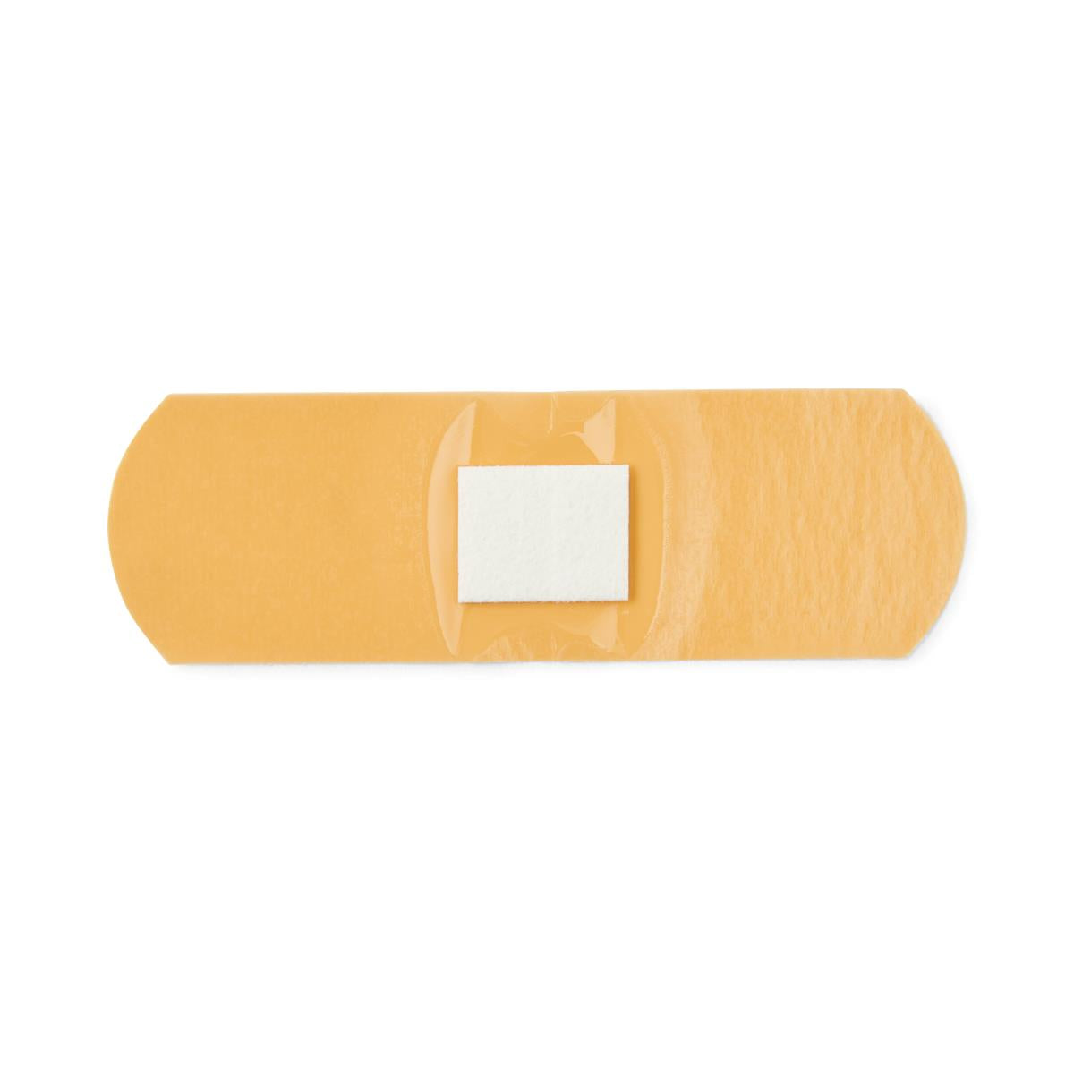 Adhesive bandage strip in tan plastic with a centered white absorbent pad, shown on a white background