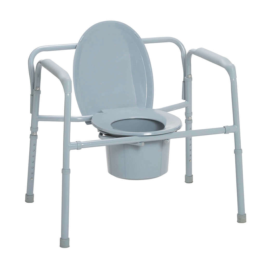 Bedside commode chair with gray steel frame, armrests, open seat, back rest, and removable bucket with lid