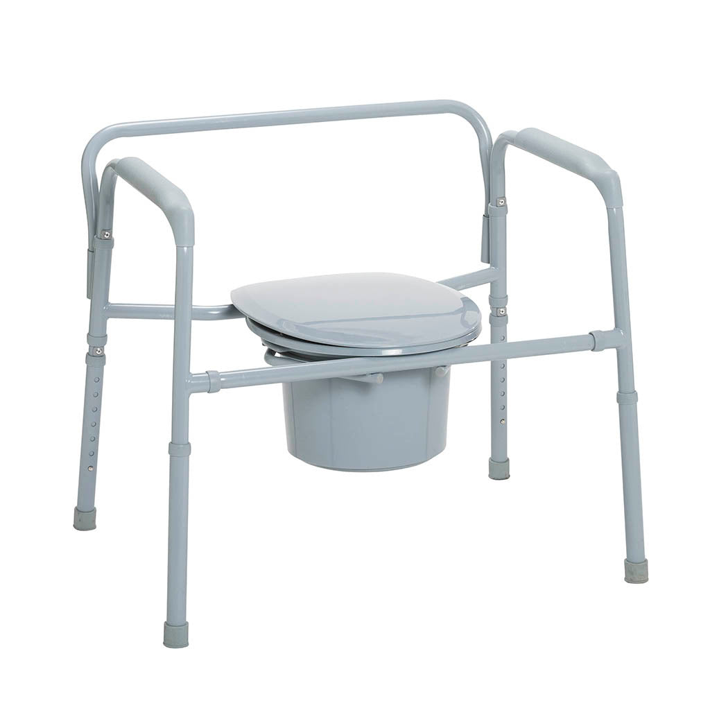 Bariatric folding steel commode with elongated seat, lid, collection bucket, armrests, and height-adjustable gray metal
