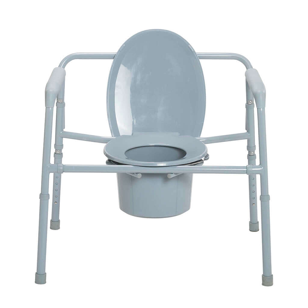 Bedside commode chair with extra-wide gray steel frame, oval lid, open seat, and removable bucket, shown on white background