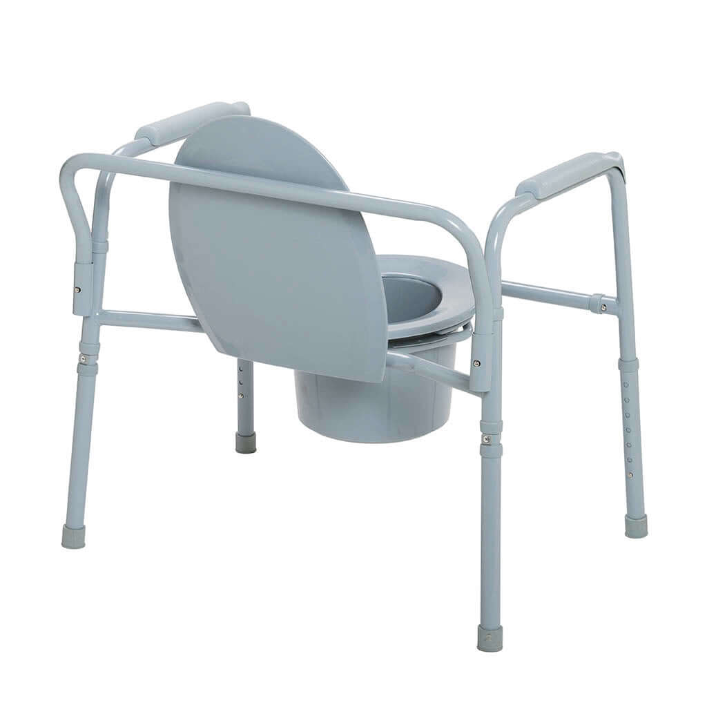 Bedside commode chair with gray steel frame, armrests, removable bucket, and seat shown from rear angle
