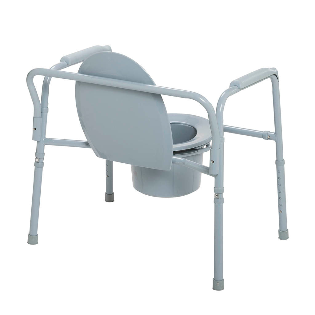 Bariatric folding steel commode with gray elongated seat, removable bucket, backrest, armrests, and height-adjustable legs