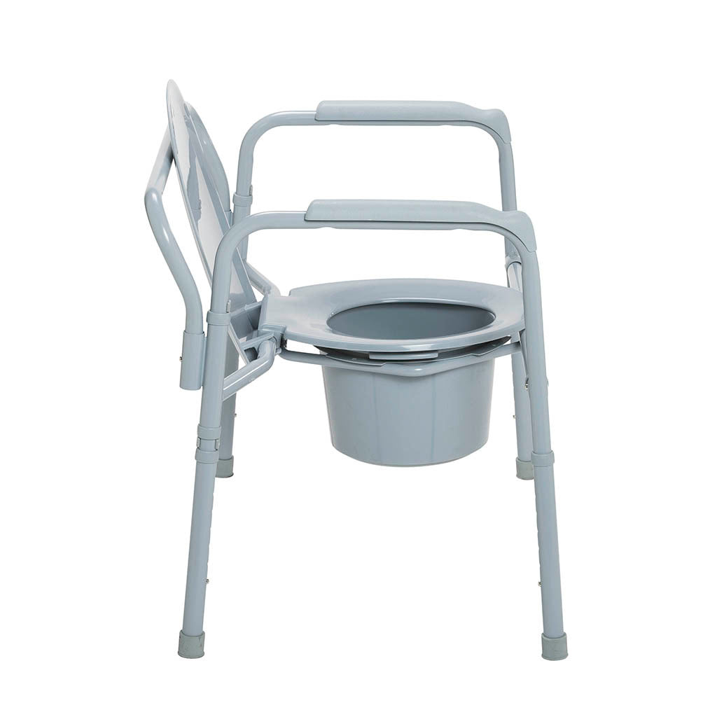 Bariatric folding steel commode with elongated seat, padded armrests, removable bucket, and adjustable legs shown from the