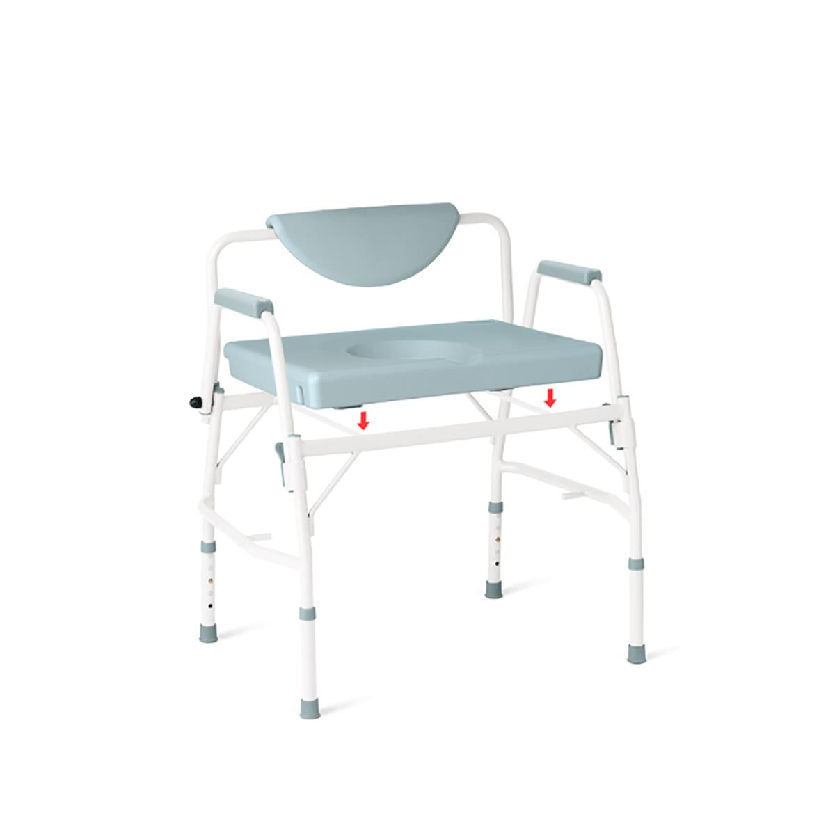Bariatric drop arm steel commode with wide padded seat and backrest, adjustable legs, and white steel frame with gray rubber