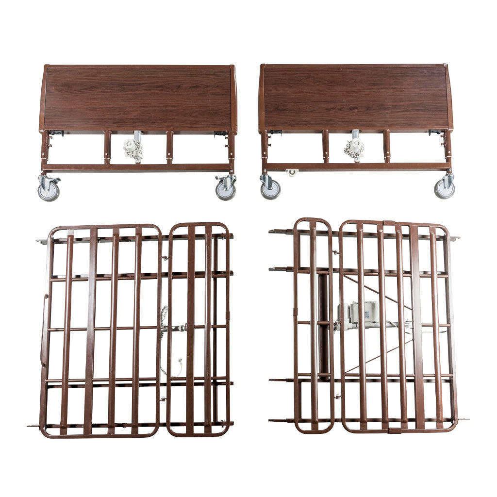 Bariatric homecare bed components laid flat, showing two wood-grain headboards with casters and two brown metal frame