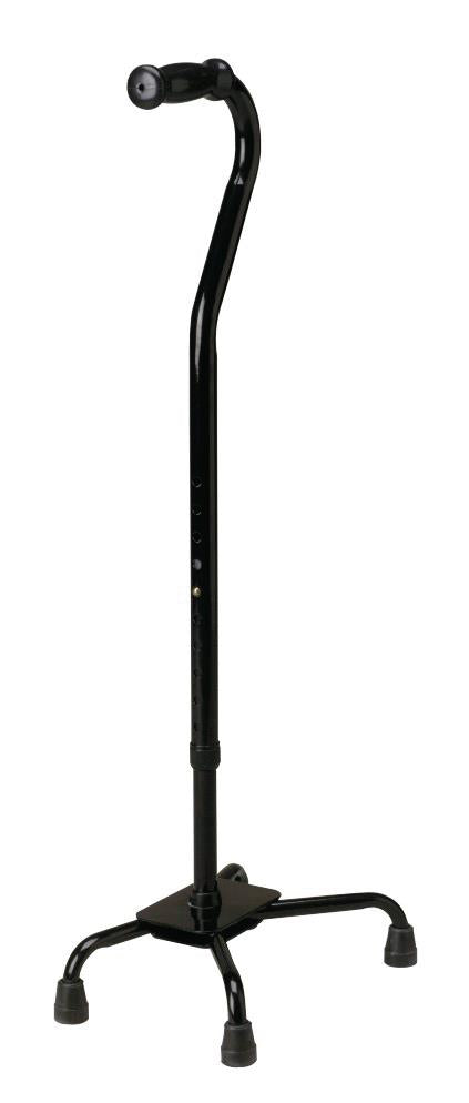 Bariatric quad cane in black with curved handle, adjustable shaft, and four-legged base with rubber tips