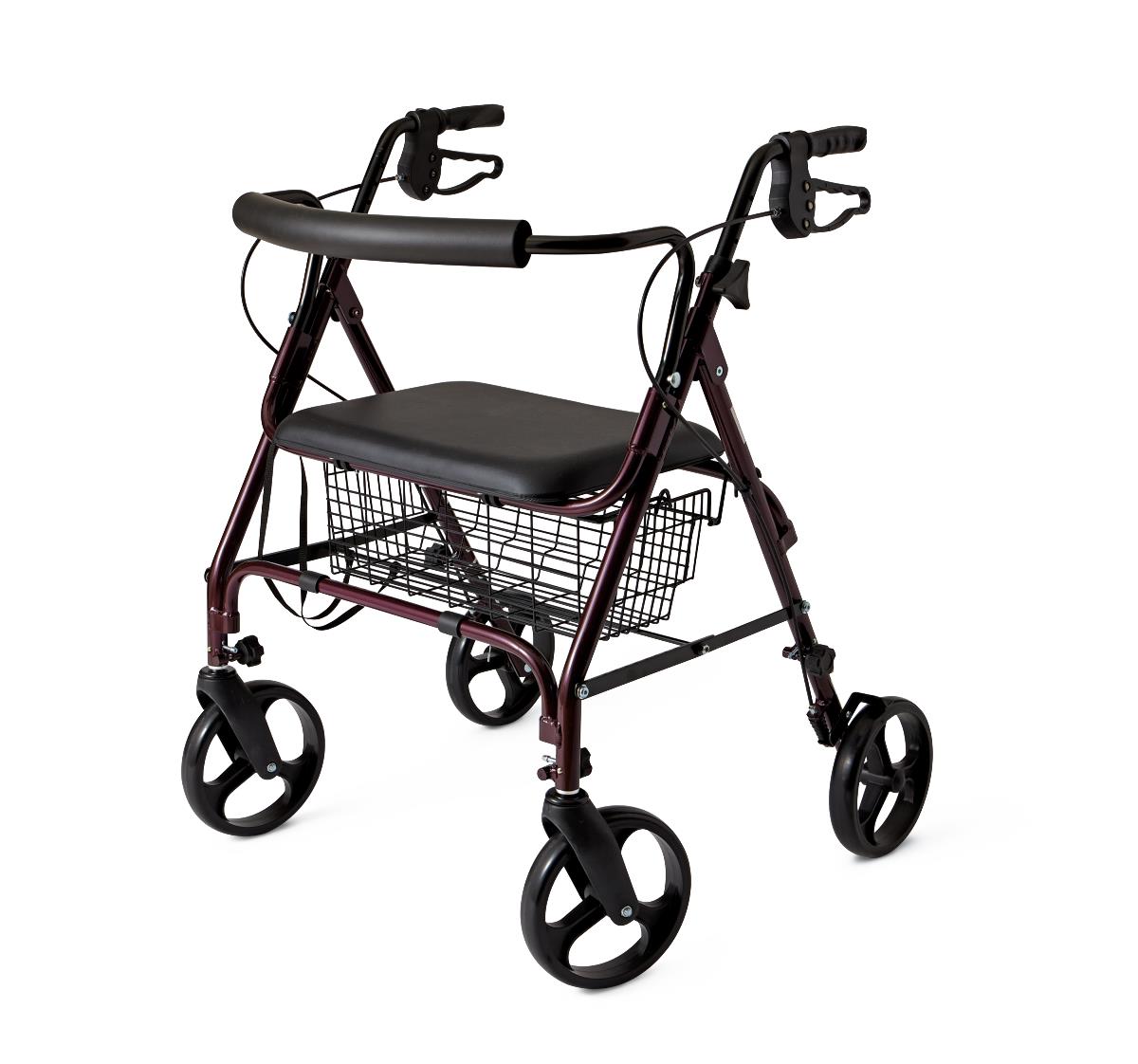 Rollator walker with burgundy frame, padded seat and backrest, hand brakes, wire basket, and large black wheels
