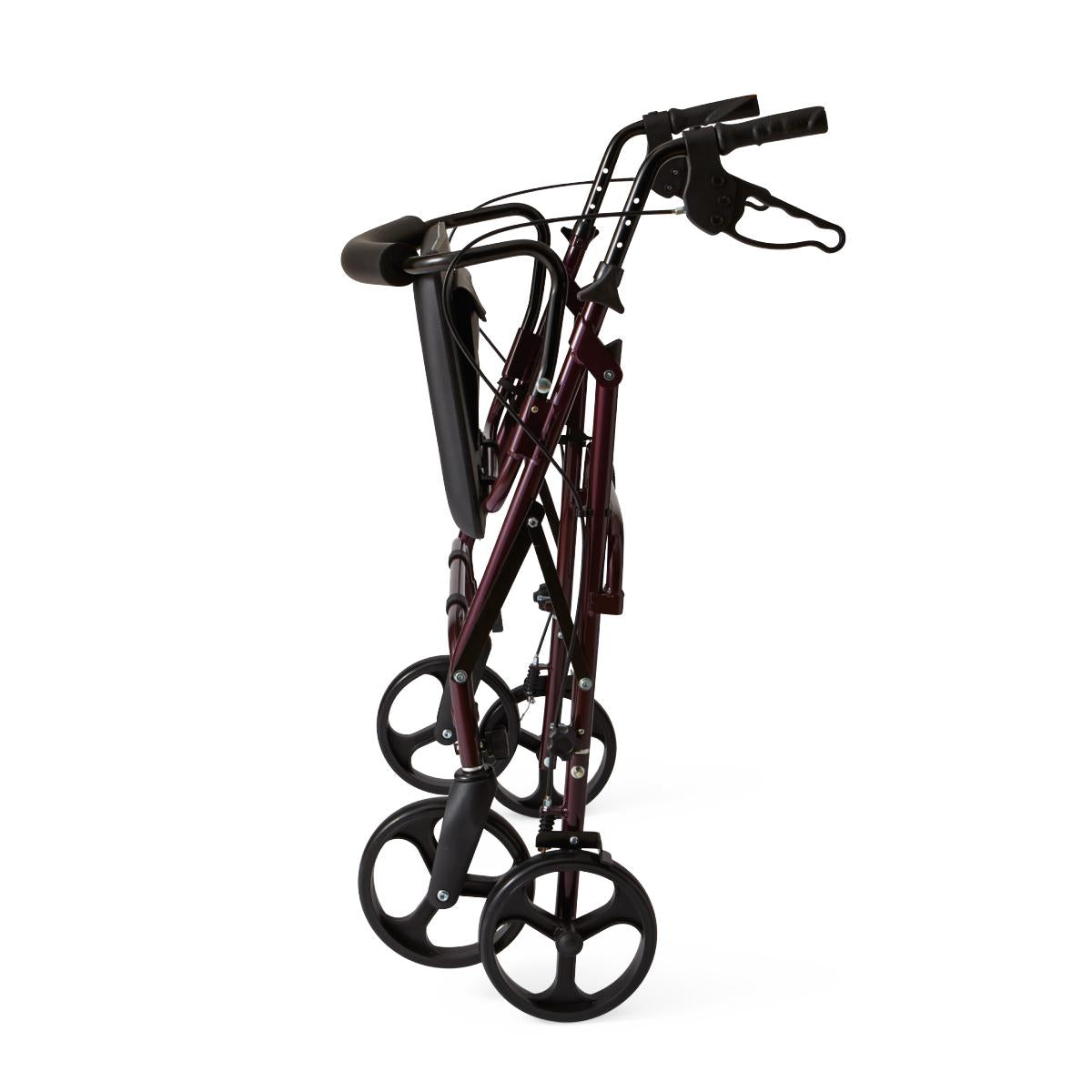 Rollator walker folded flat, burgundy frame with four black wheels, hand brakes, and padded seat, side view against white