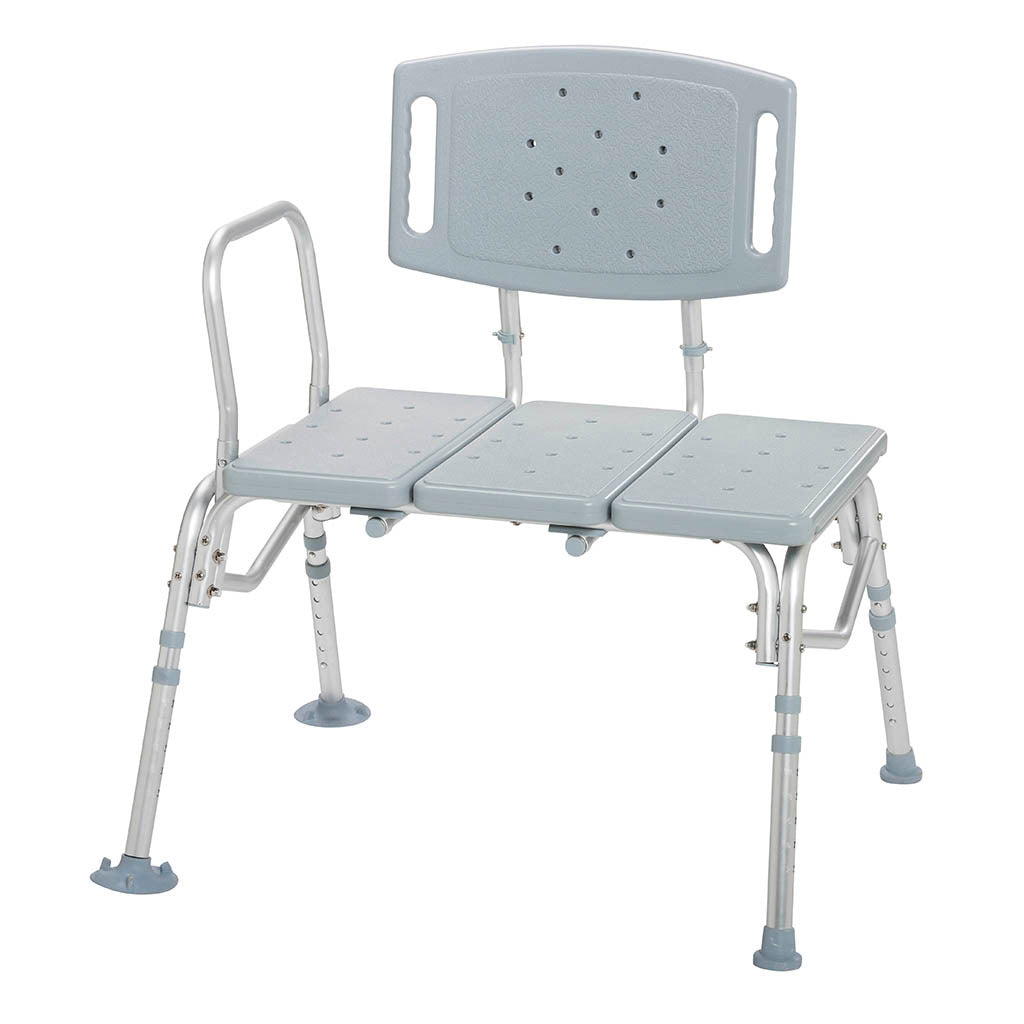Transfer bench with gray plastic three-panel seat, vented backrest, armrest, adjustable aluminum legs, and suction cup feet