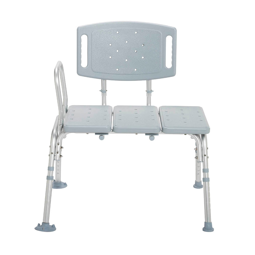 Bariatric transfer bench with three-section plastic seat, adjustable aluminum legs, side armrest, and perforated backrest