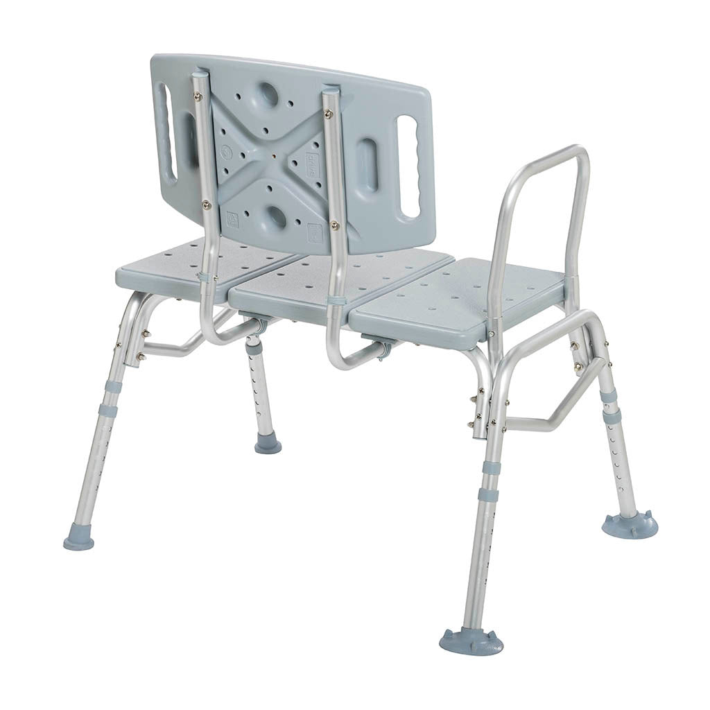 Transfer bench with gray plastic seat panels, backrest with cutout handles, aluminum frame, adjustable legs, and suction cup