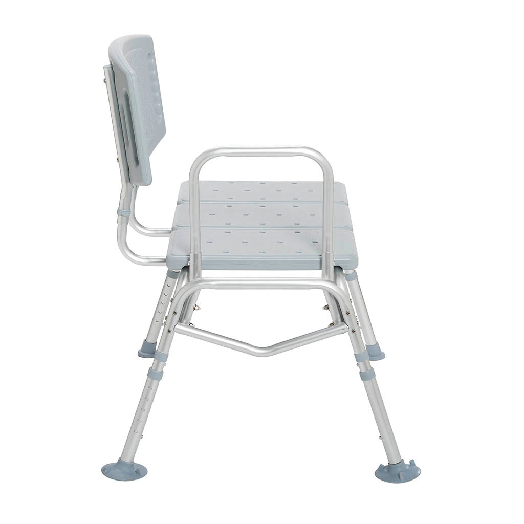 Transfer bench with gray plastic perforated seat, padded back, aluminum frame, adjustable legs, and non-slip rubber feet
