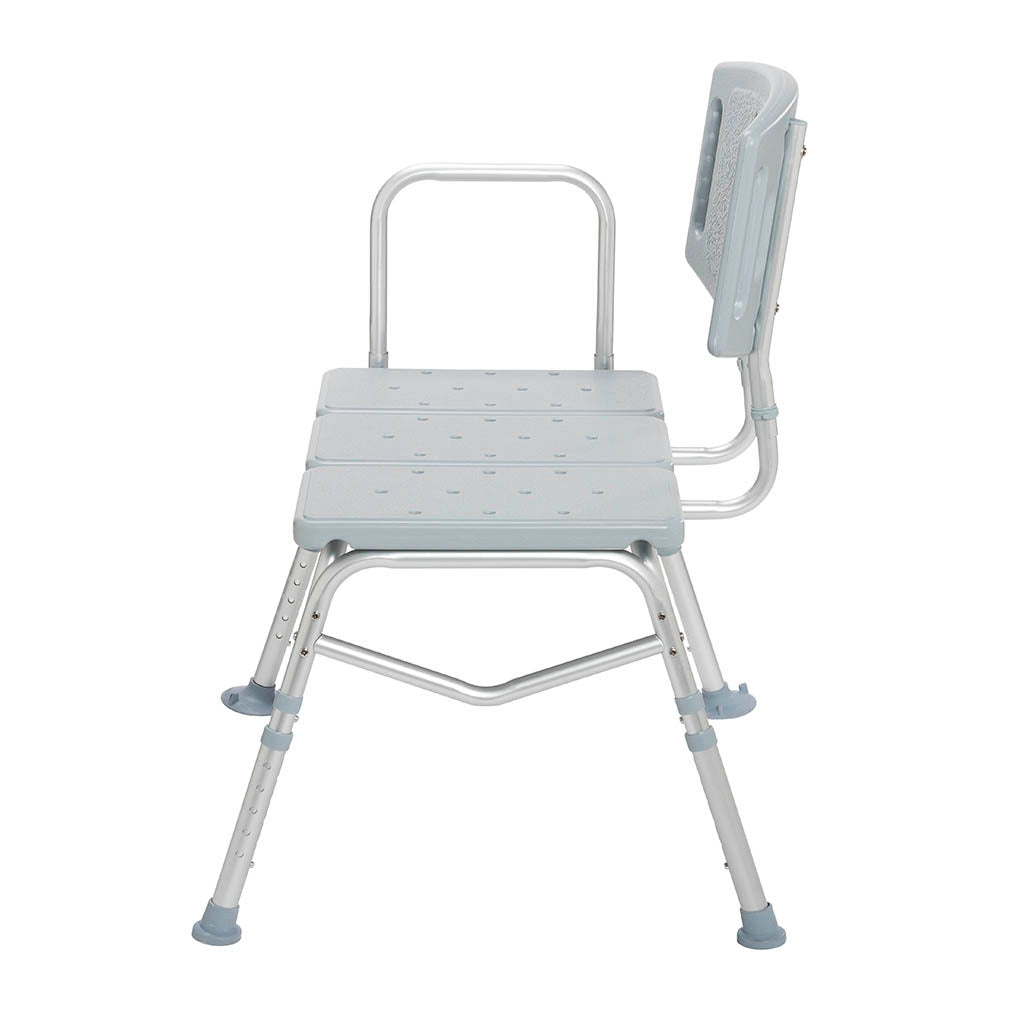 Transfer bench with wide plastic seat, removable backrest, aluminum frame, adjustable legs, and rubber feet, shown from side
