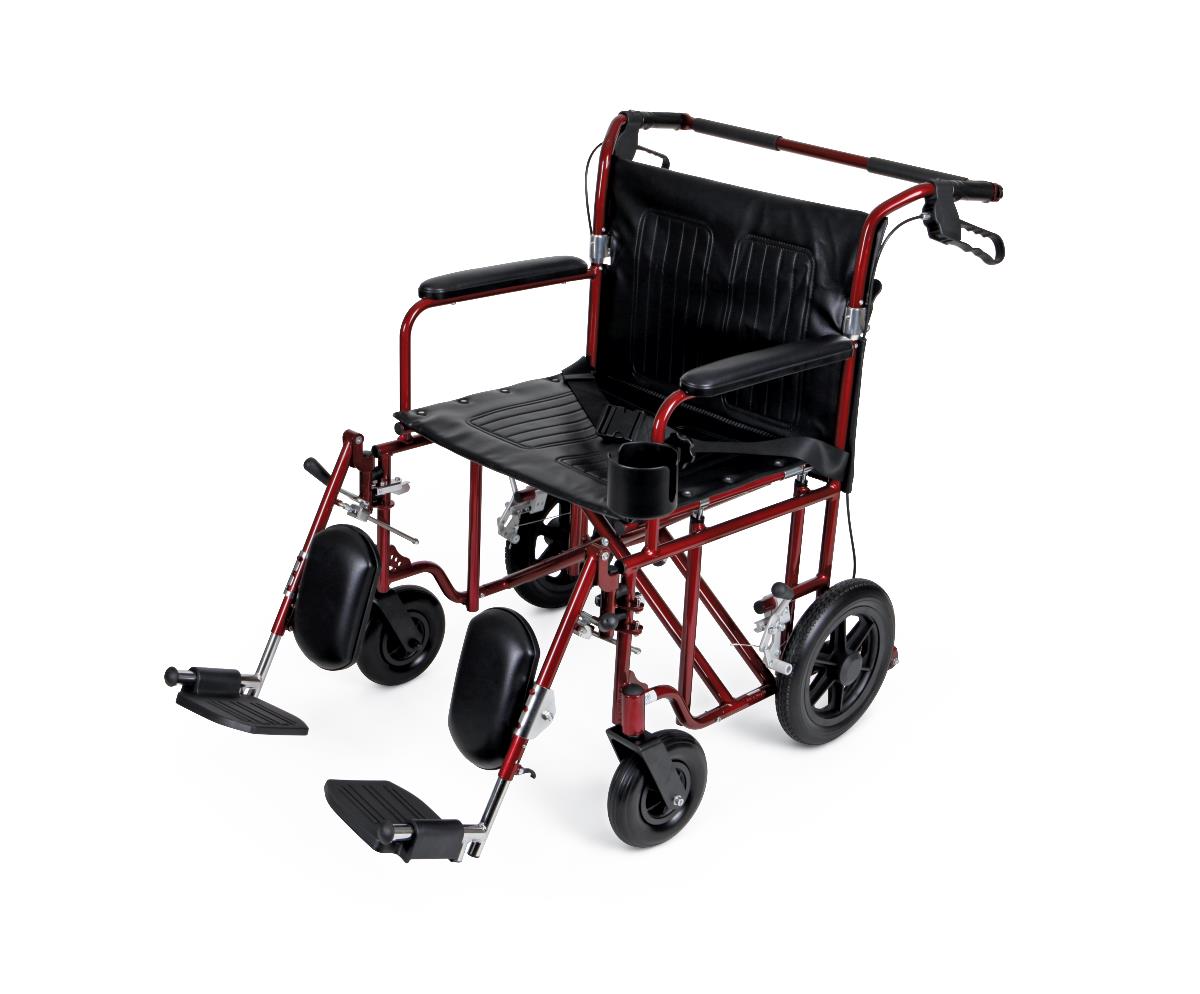 Transport chair with red frame, black padded seat and back, padded armrests, footrests, cup holder, and rear push handles