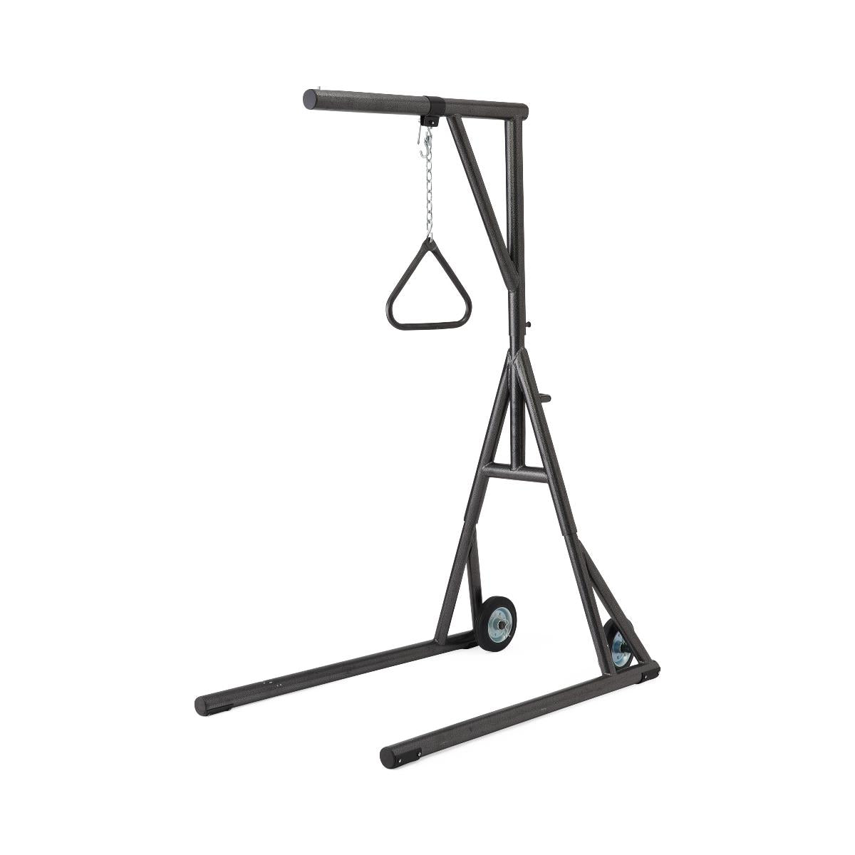 Bariatric freestanding trapeze bar with triangle handgrip, chain, crossbar, A-frame base, and transport wheels in dark finish