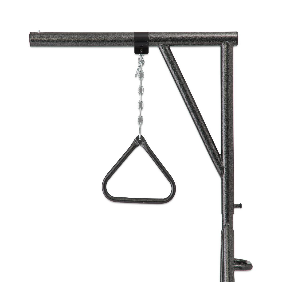 Bariatric freestanding trapeze bar with metal chain and triangular grab handle on dark steel frame with diagonal support
