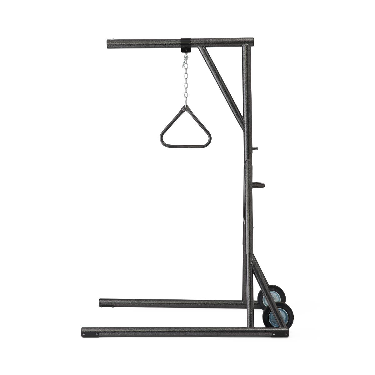 Bariatric freestanding trapeze stand with chain-hung triangle bar, wheeled base, and gray steel frame on white background