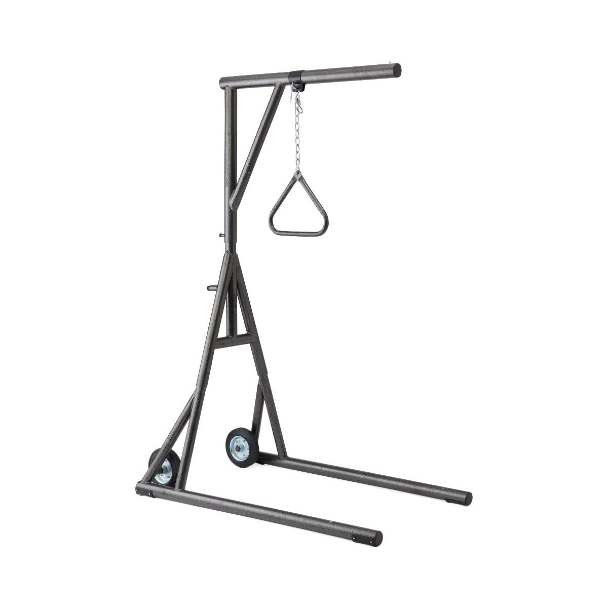 Bariatric freestanding trapeze with triangle grab bar, chain, overhead bar, A-frame base, and transport wheels in dark gray