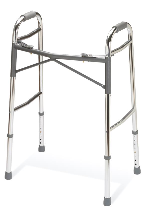 Extra-duty folding walker with chrome frame, gray handles and tips, cross-brace design, and adjustable height legs