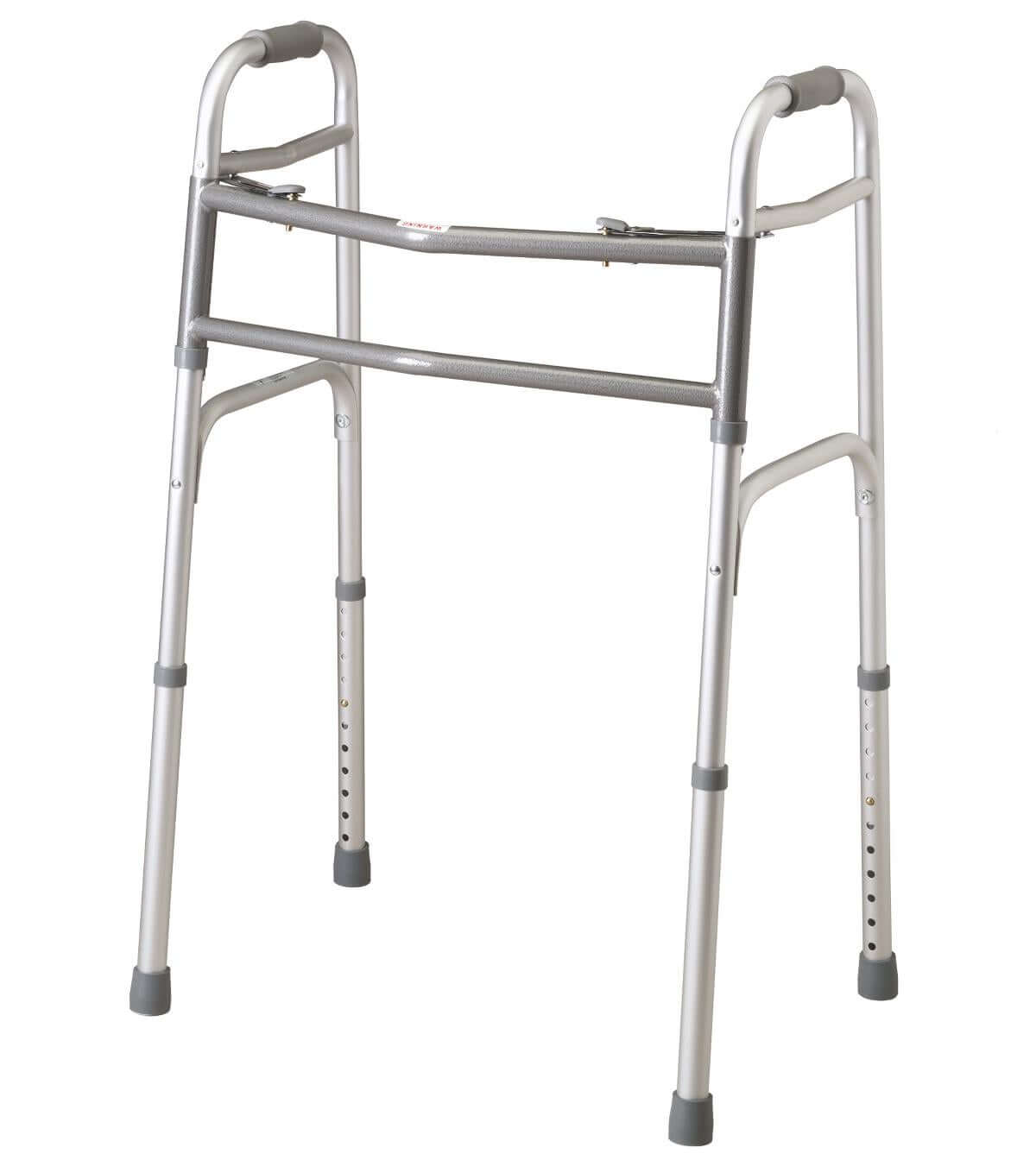 Folding walker with dual push-button release, gray aluminum frame, padded hand grips, adjustable legs, and rubber tips on