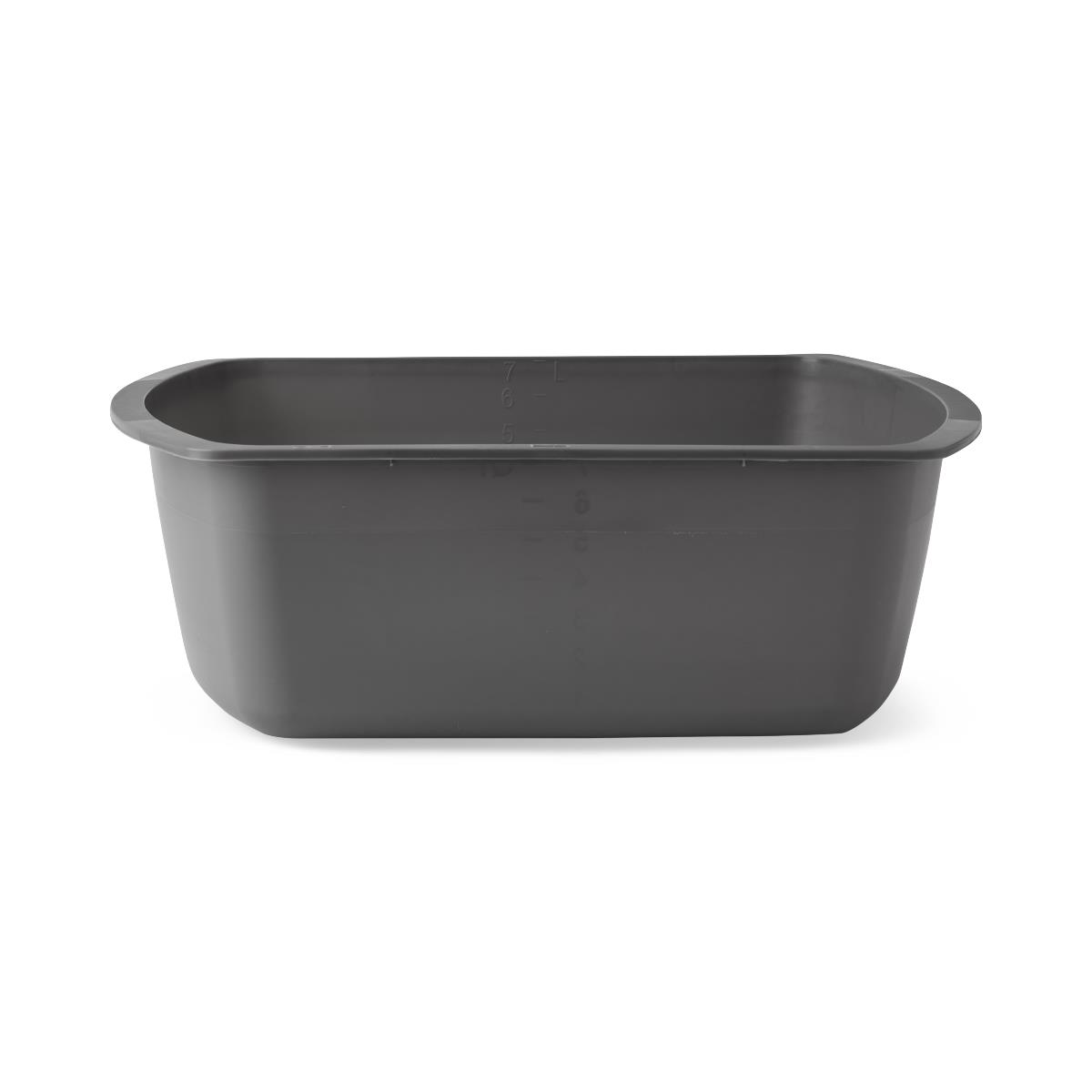 Rectangular wash basin in dark gray plastic with measurement markings on the interior wall and rounded corners