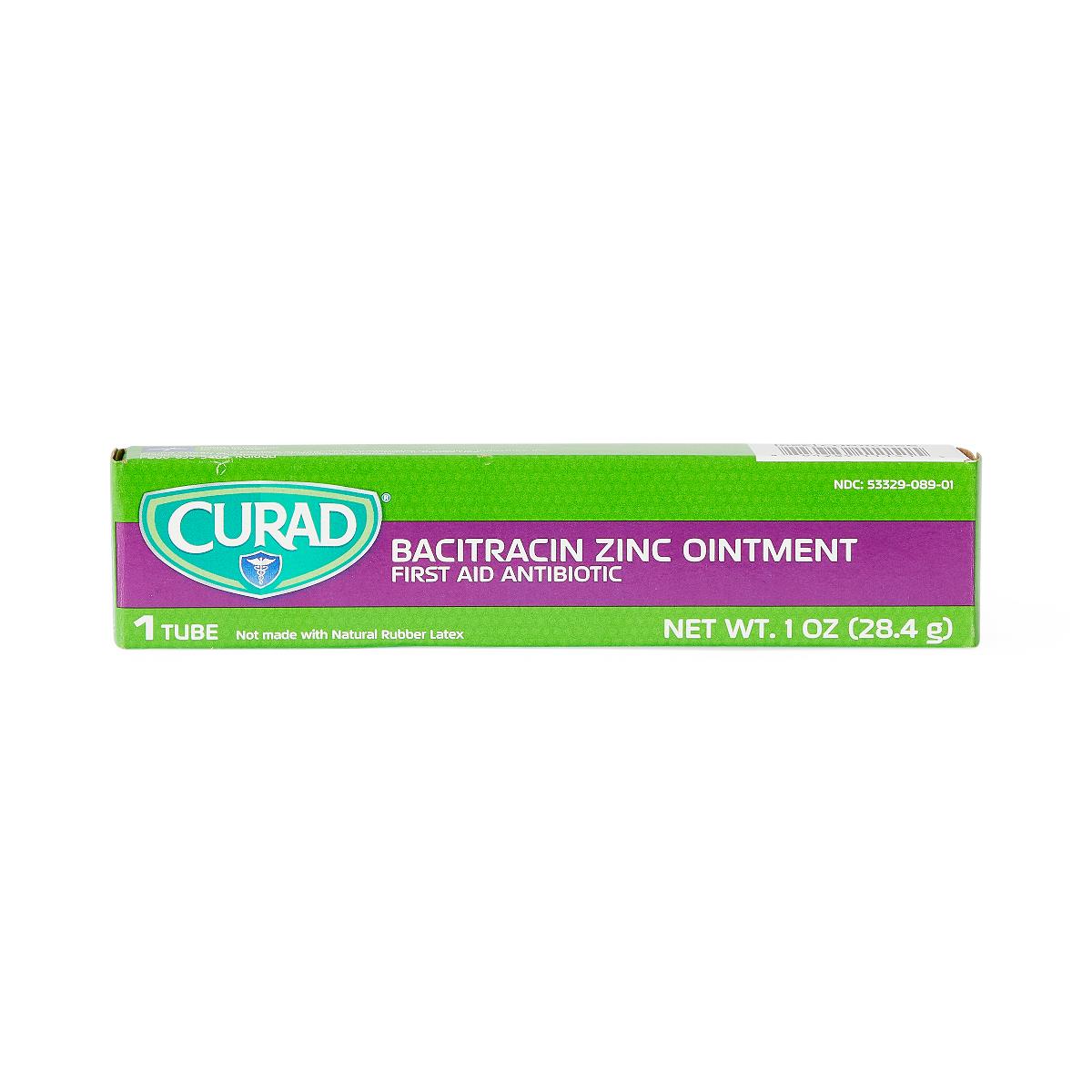 Bacitracin zinc ointment box in green and purple packaging, 1 oz single tube, first aid antibiotic by Curad