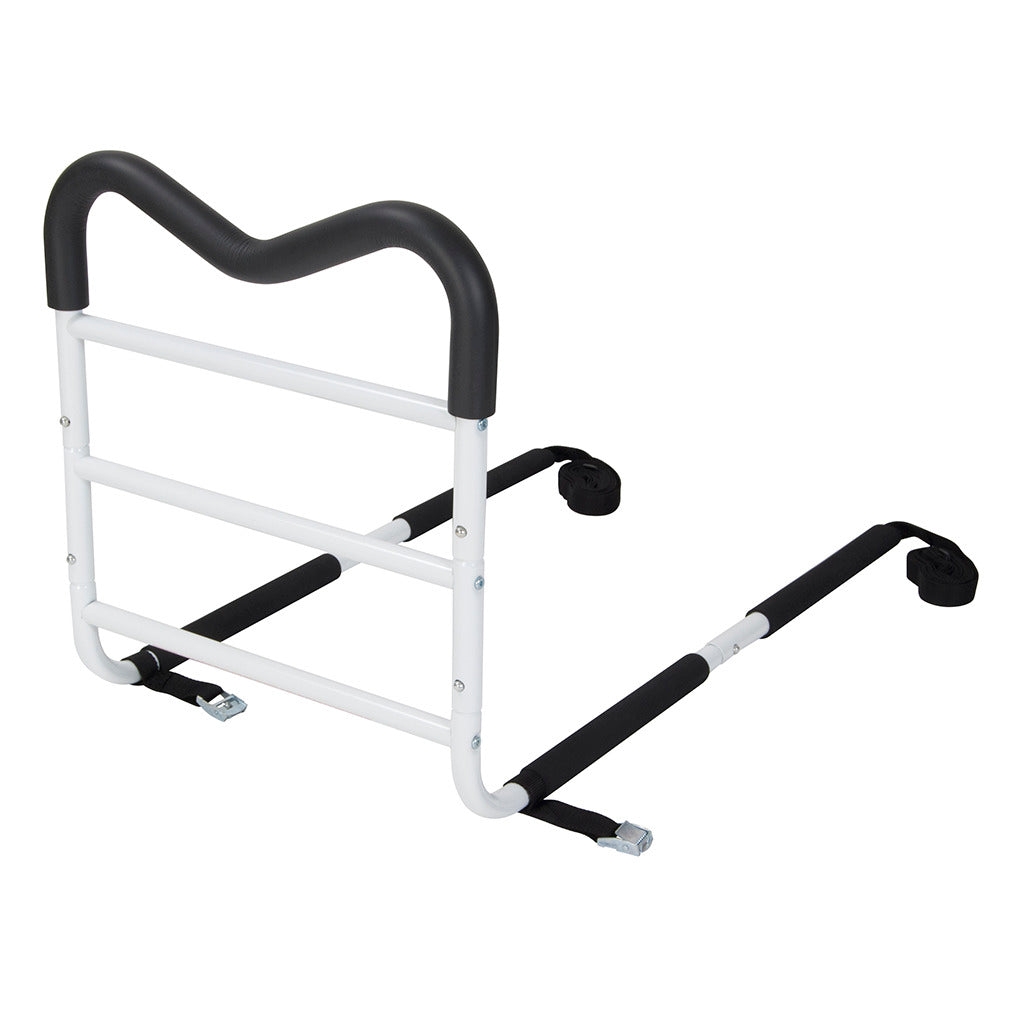 Bed assist rail with white steel frame, contoured black foam handle, under-mattress support legs, and securing straps