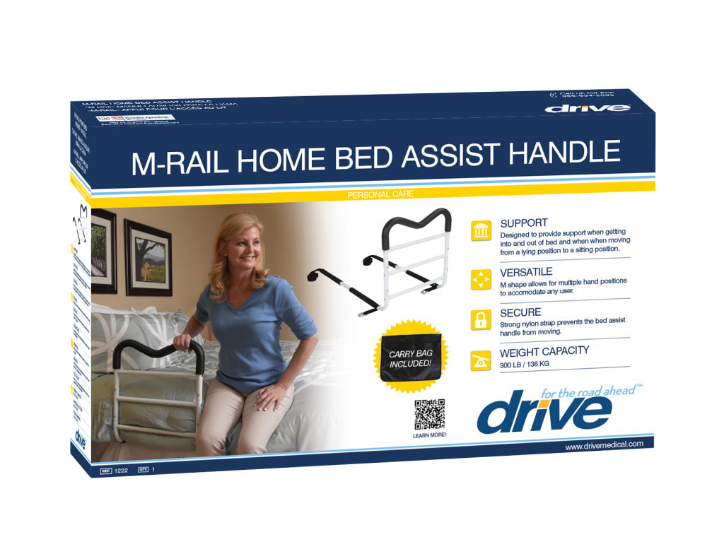 Drive M-Rail Home Bed Assist Handle retail packaging showing product and woman seated on bed gripping the rail handle