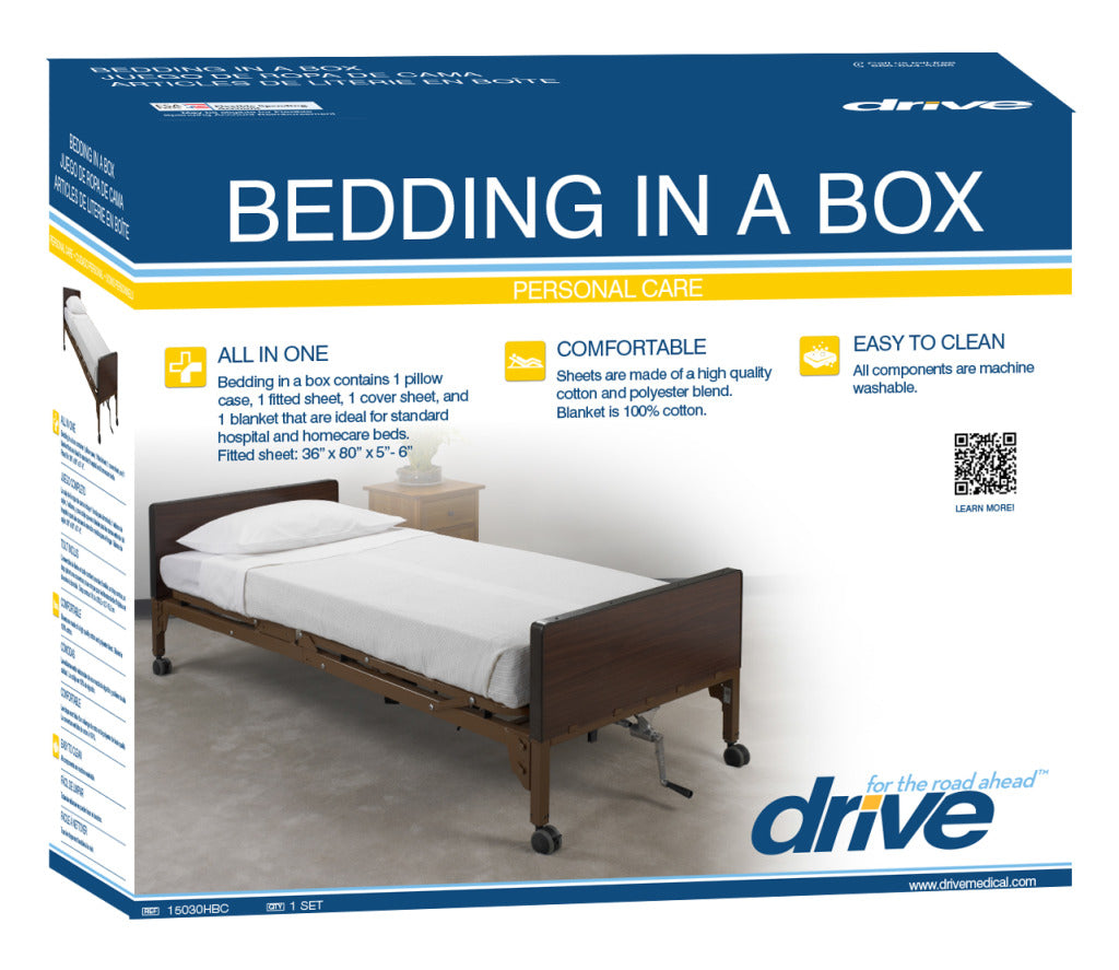 Hospital bed bedding set in a box by Drive, showing packaging with fitted sheet, cover sheet, pillowcase, and blanket