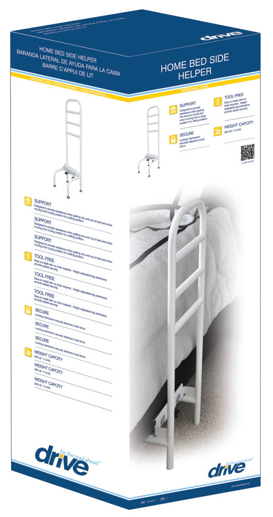 Bed rail assist handle in Drive-branded packaging showing product installed on bed frame with feature callouts