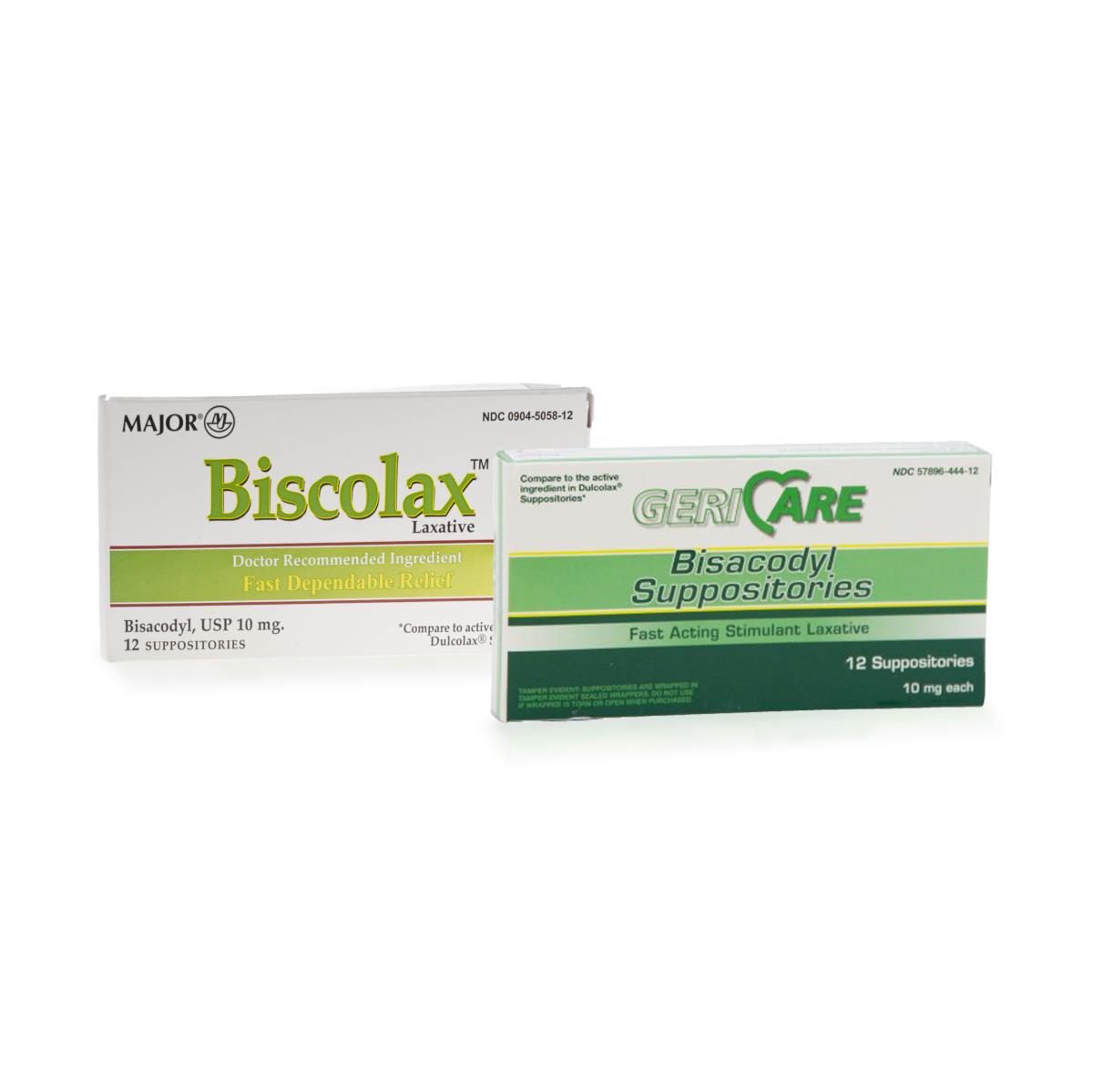 Bisacodyl suppositories boxes from Major Biscolax and Geri-Care, each containing 12 suppositories at 10 mg